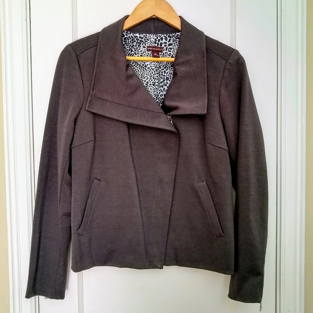 DANA BUCHMAN M gray Moto blazer leopard print